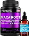 4-en-1 Liquid Biotin Collagen Keratin Saw Palmetto Drops (2 fl oz - 1 Pack) & 6-in-1 Maca Root Ashwagandha w Black Pepper Fruit (120ct) Bundle - Hair, Skin, Nails, Energy &amp; Mood Support Supplement