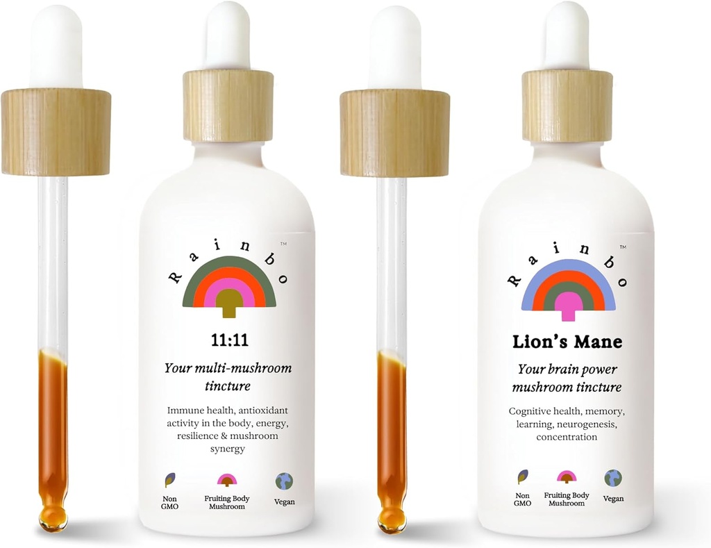 Rainbo Fan Favorite Bundle, 11:11 Multi Mushroom Extracto + Mane Mushroom de León Tintura, Doble Extracto Daily Mushroom Tinturas para soporte integral de mm, Vegan Liquid Mushroom Suplementos