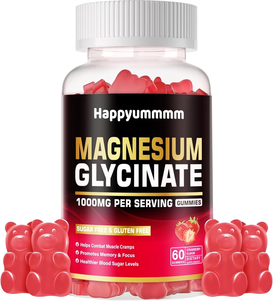 Magnesio Glycinate Gummies 1000mg - Suplemento de Potasio de Magnesio Libre de Azúcar con Vitamina D, B6, CoQ10 para calma Mood &amp; Sleep Support - 60 Gummies de Fresa.