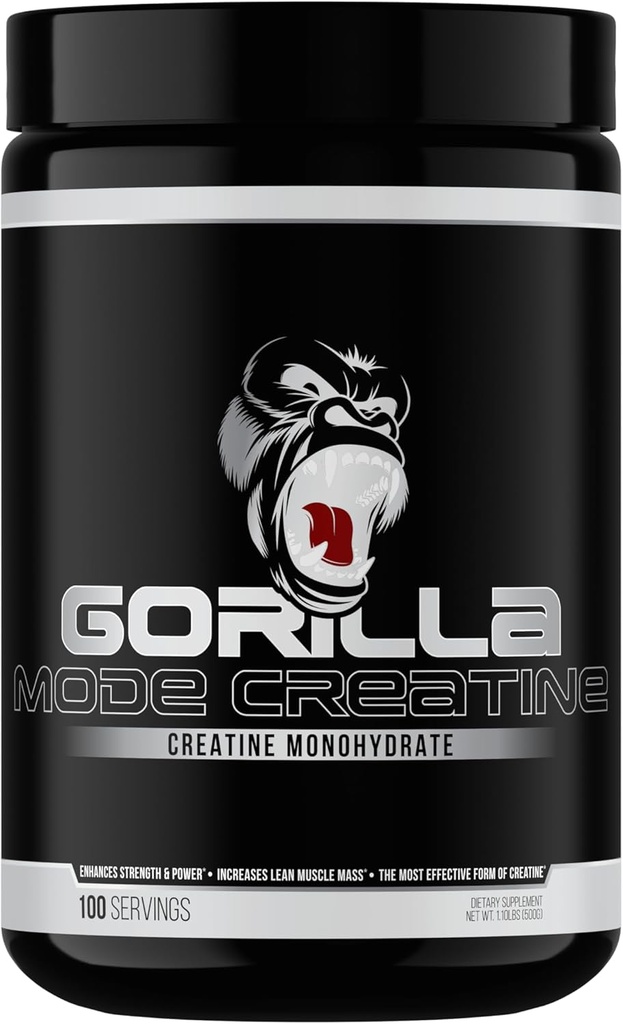 Mente gorila Cretina Monohydrate Polvo micronizado, Tamaño del músculo mejorado, potencia de salida y fuerza, 5 gramos por servicio, 100 servicios