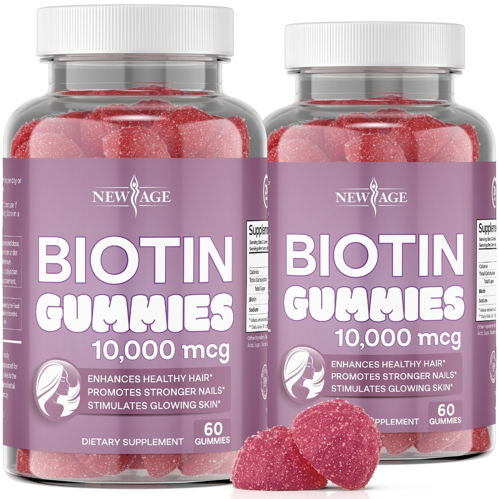 NUEVO AGE Biotin Gummies – Pelo, Piel & Nails Gummies – 10,000 mcg - Suplemento No GMO para Mujeres, Hombres - Hecho en EE.UU. -120 Con