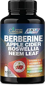 Organic Cadane Berberine Supplement 150 Capsules, with Neem Leaf, Apple Sider Vinegar, VIT D3, E &amp; More - Berberine Extract - Support for Immune System, Digestion &amp; Global Health