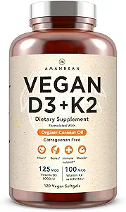 AMANDEAN Vegan Vitamina D3 K2. 5000 iu de Algae. All-Trans MK-7. 120 Softgels. Fundada en planta &amp; Carrageenan Gratis. Aceite de coco orgánico Blend. for Mood, Bones, Heart, Immune Health (Packaging May Vary)