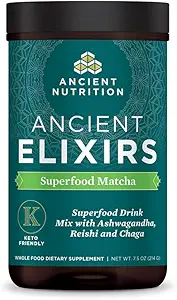 Matcha Green Tea Powder with Ashwagandha by Ancient Nutrition, Ancient Elixirs Superfood Matcha Energy Powder, with MCTs, Promotes Healthy Energy Levels, Paleo and Keto Friendly, 20 Servings