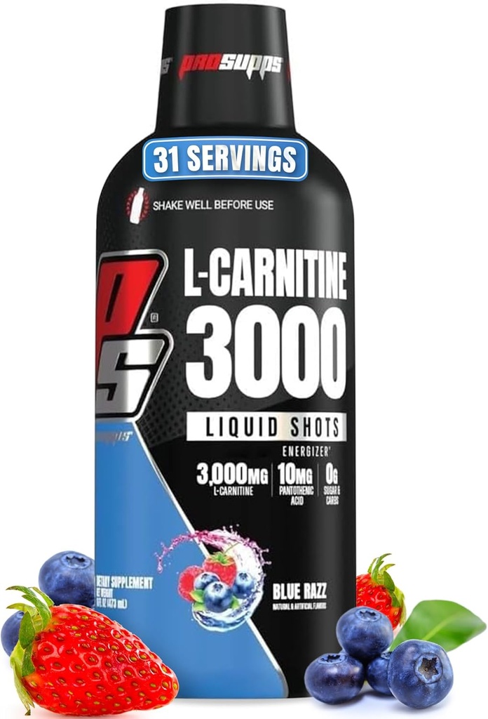 PROSUPPS L-Carnitine Liquid 3000, Stimulant-Free Liquid Shots for Men &amp; Women - Clean Workout Drink for Energy, Performance &amp; Muscle Recovery - No Sugar, No Carbs - 31 Servings, Blue Razz