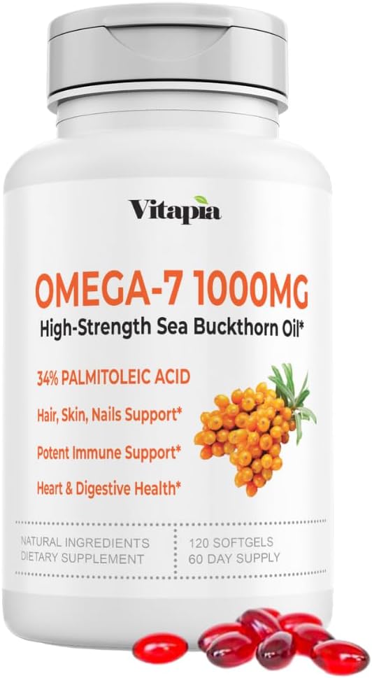 Vitapia Omega 7 Sea Buckthorn Berry Oil 1000mg for Hair, Skin, Nails, Heart Health Support - 34% Palmitoleic Acid &amp; Natural Omega 3 6 9 Fatty Acids Supplement - 120 Capsules, Non-GMO, Gluten-Free