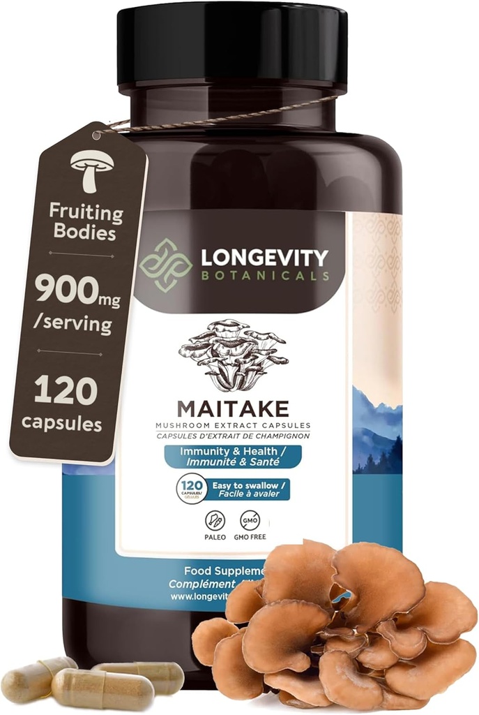 Longevity Botanicals Organic Maitake Mushroom Extract Capsules (120) ← Concentrado 10:1 Ratio tención 100% Fruiting Bodies  Grifola frondosa Natural Supplement for Gut Health &amp; Immunity Support