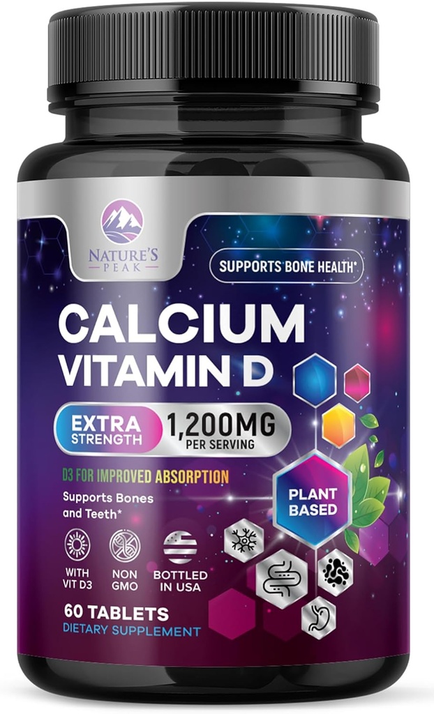 Calcio 1200 mg con Vitamina D3, Suplemento de Calcio Vitaminas, Hueso, Dientes &amp; Apoyo Sanitario Inmunitario, Suplementos de Calcio con D para Hombres, Carbonato de Calcio Absorbable de la Naturaleza - 60 Tabletas