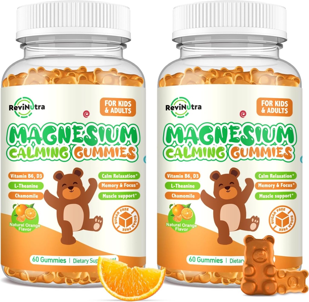 Magnesio Gummies para niños - Magnesio Glycinate Gummies Suplemento con L-Theanine, Vitamina B6, D3 para adultos &amp; niños, calma Magnesio para dormir, relajación, cerebro, huesos, azúcar naranja libre 120ct