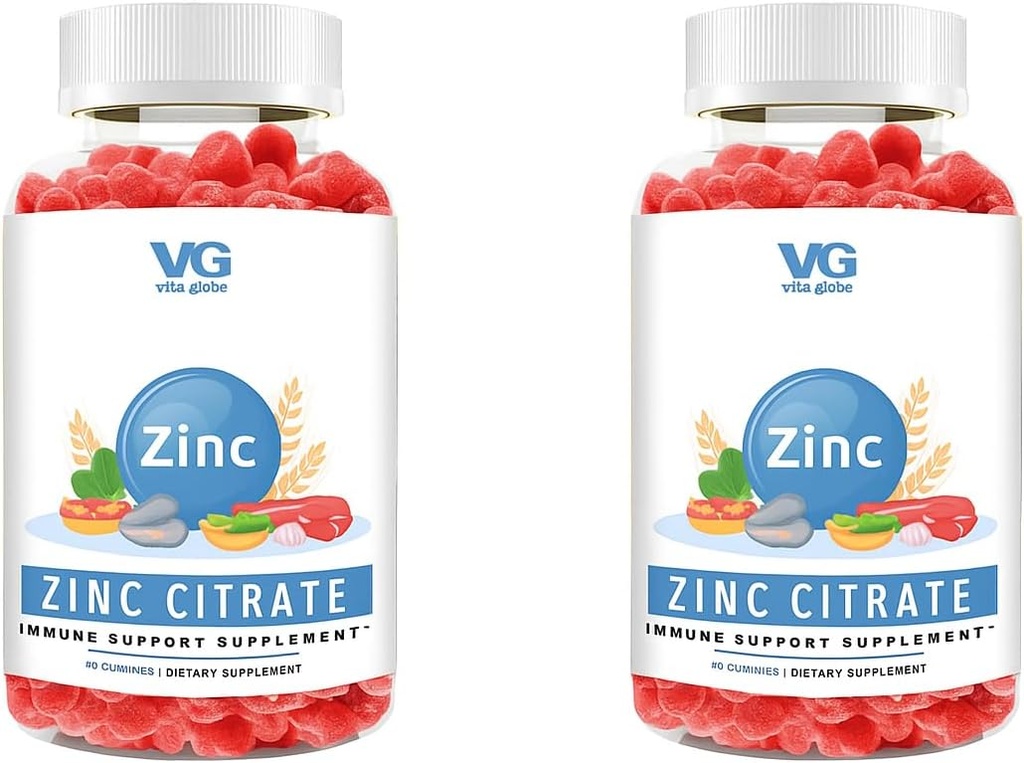 VITA GLOBE Zinc Citrate Gummies – 50mg Daily Zinc Supplement TEN Immune System " Skin Health Support ← Vegan, No GMO Chewable Gummy Vitaminas para Adultos " Niños – 96 Conde (Pack of 2)