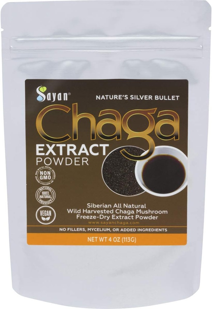 Sayan Chaga Mushroom Extract Powder (4oz) – Freeze Dried Siberian Wild Harvested - Organic Antioxidant Tea for Immune and Digestion Support - Focus, Energy, Clarity, Wellness - No Additives