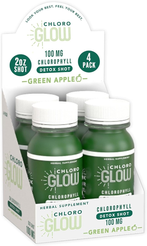 Chloroglow Chlorophyll Shots – Organic Plant-Based Green Apple Drink for Immune Support & Body Cleanse – Natural Supplement (4 Pack)