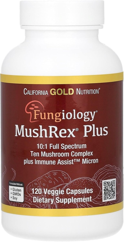 California Gold Nutrition Fungiology, MushRex Plus, Full-Spectrum Ten Mushroom Complex con Agaricus, Chaga, Cordyceps y Lion's Mane, 120 Plantcaps