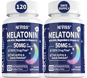 Melatonina 50 mg para adultos - Extra Strength 9-in-1 Fast Dissolve Sublingual - w/Vitamin D3 &amp; MSM, Relaxing Herbal Blend-Ashwagandha, Lemon Balm, Passionflower,Chamomile,Sugar Gratis, Vegan 120 Servings