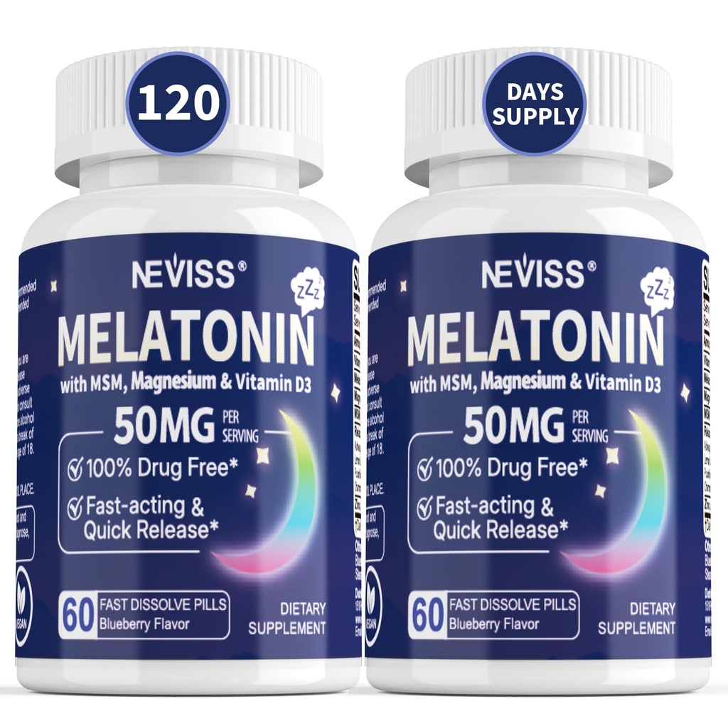 Melatonina NEVISS 50 mg para adultos - Extra fuerza 9-en-1 Dissolve rápido sublingual - alta dosis con glinato de magnesio, vitamina D3, Ashwagandha, limón, manzanilla, azúcar libre, vegan 120 tabletas
