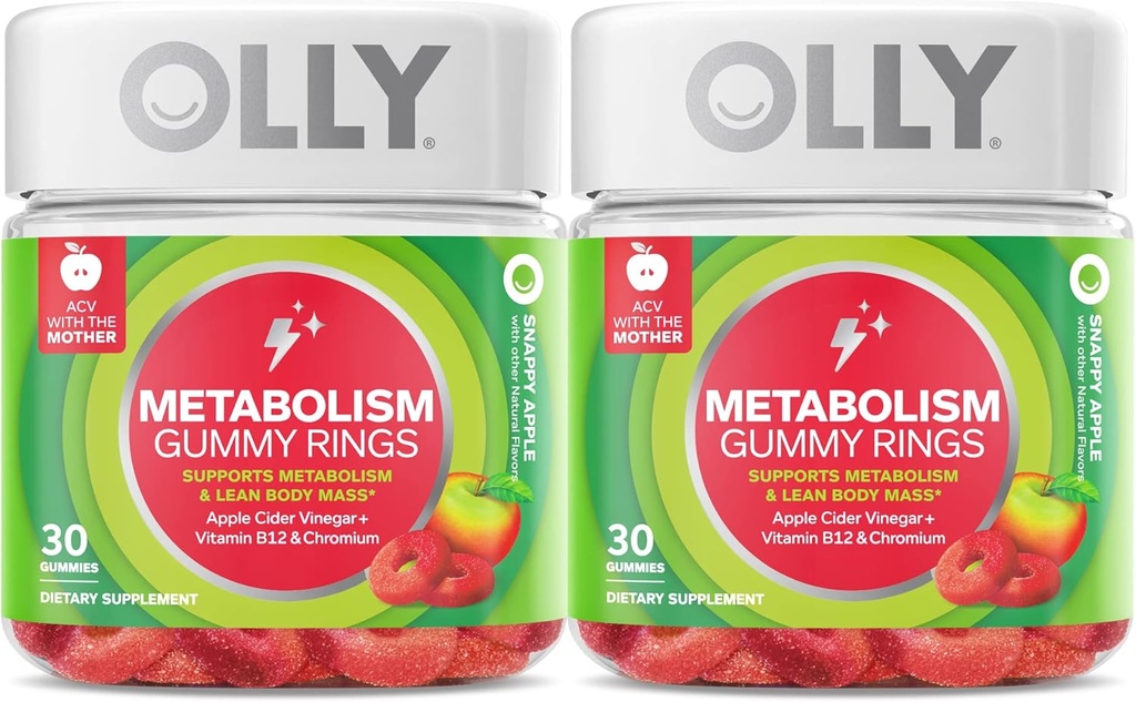 OLLY Metabolism Gummy Rings, Apple Sider Vinegar, Vitamina B12, Cromo, Energía y Salud Digestiva, Suplemento Chewable, Apple Flavor, Twin Pack - 60 Cuenta