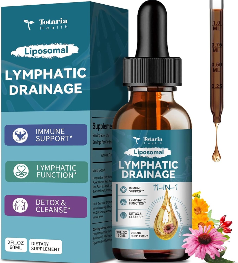 Liposomal Limphatic Drainage Drops - 11 in 1 Organic Lymphatic Drainage Supplement with Burdock Root, Echinacea, Elderberry, Calendula, Cleavers Herb, Dandelion Supports Lymphatic Health 2 FL.OZ