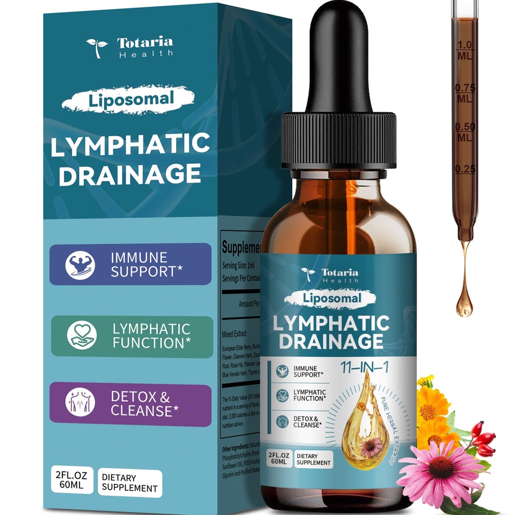 Liposomal Lymphatic Drainage Drops - 11 In 1 Organic Lymphatic Drainage Supplement with Burdock Root, Echinacea, Elderberry, Calendula, Cleavers Herb, Dandelion Supports Lymphatic Health 2 FL.OZ