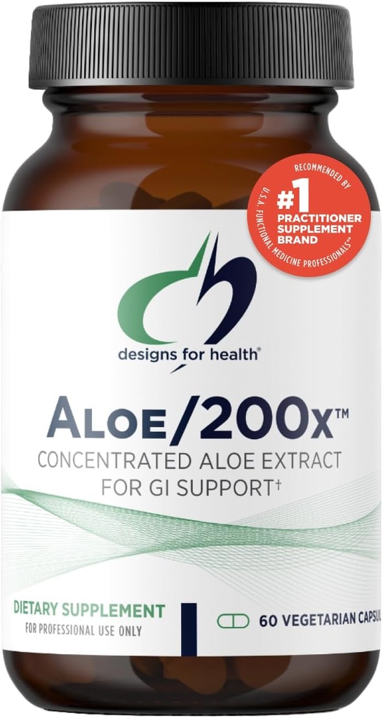 Diseños para salud Aloe/200x - 200mg Aloe Vera Extract - Suplemento de hoja de aloe altamente concentrado para soporte GI - No GMO, píldoras vegetarianas (60 cápsulas)