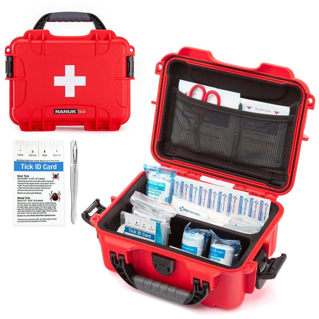 NANUK 904 Waterproof First Aid Kit 110pcs – Durable, Pre-Stocked First Aid Emergency Kit with Bandages, Tick Removal Tool, and More – Dustproof, Impact-Resistant, Floats (10.2" x 7.9" x 4.5") – Red