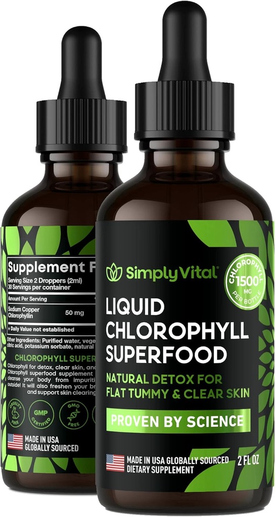 SimplementeVital Chlorophyll Liquid Drops for Clear Skin & Energy Boost - Immune Support Supplement - Made in USA - Liquid Chlorophyll for Gut Health - Internal Deodorant - Antioxidant- 2 FL OZ