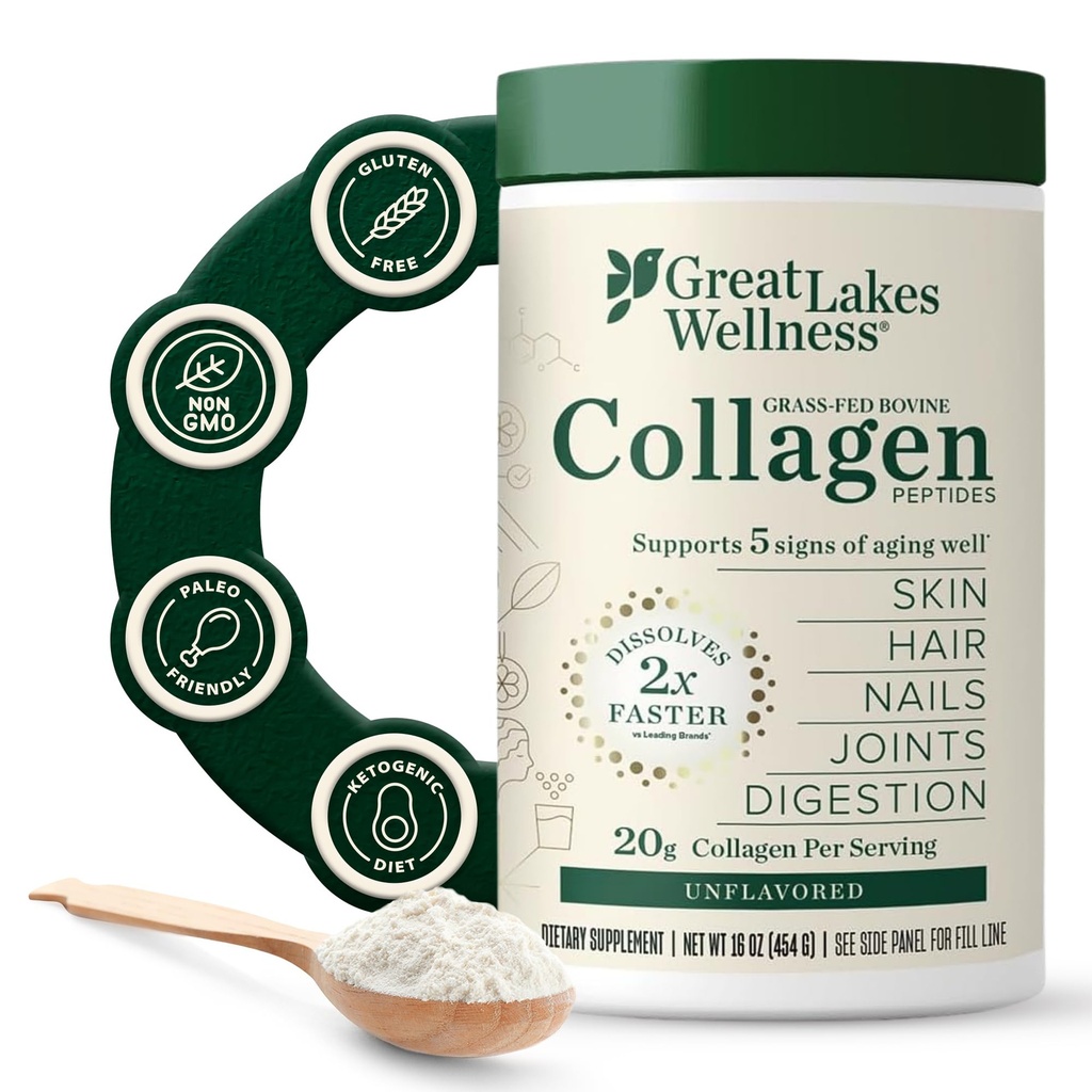 Gran Lagos Wellness Collagen Peptides Polvo para la piel, el pelo, uñas, articulaciones " Digestión - Desarrollado - Quick Dissolve Hidrolyzed, Non-GMO, Keto, Kosher - 16oz