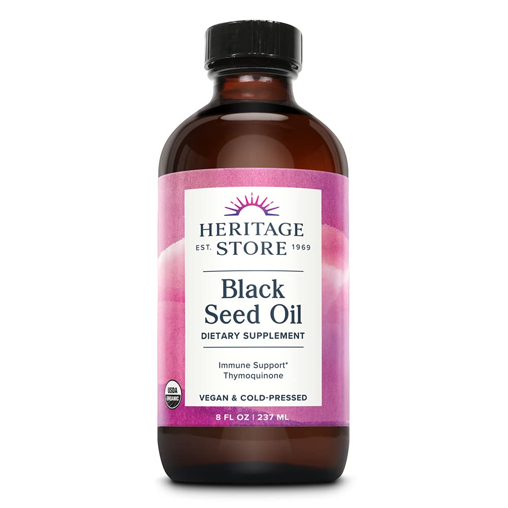 HERITAGE STORE Black Seed Oil, Organic, Cold Pressed Nigella Sativa Supplement with Thymoquinone, Omega 3 6 9, Antioxidante, Inmunity, Cholesterol, Digestive, Heart &amp; Join Health Support*, Vegan, 8oz