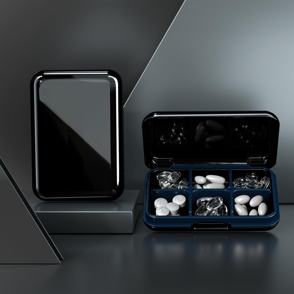 Pill Box Caja impermeable caja de carga de viaje Portable Daily Pill Container Pill Holder Purse 6 Compartments Pocket Compact Medicine Organizer for Vitamin,Fish Oils,Supplements,Medication (Large Black)