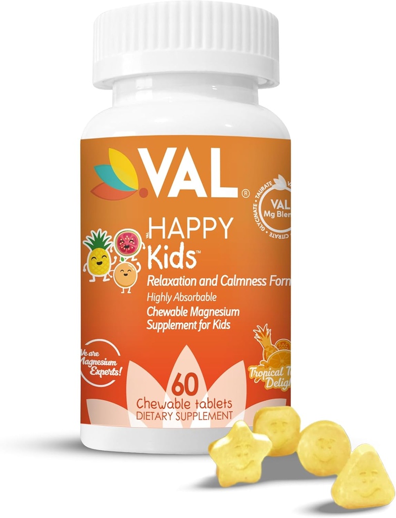 Magnesio de VAL para niños TENIDO Magnesio de alta absorción para calma, relajación " Enfórmese en Mg Glycinate, Citrate " Taurate TENIDO con Vitamina B6, D " C TENIDO Sin azúcar, sin azúcar TENIDO 60 Tabletas Chewable
