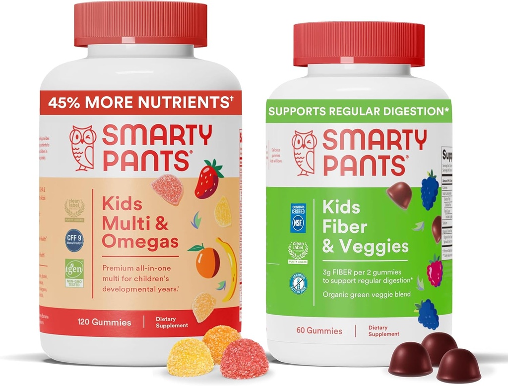 SmartyPants Kids Multivitamin + Fiber & Veggie Bundle: Omega 3 Fish Oil, Prebiotic Fiber, Gluten-Free, Three Fruit & Mixed Berry Flavors, Multi &amp; Omegas (120 Cuenta) + Fibra & Veggies (60 Cuenta)