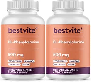 BESTVITE DL-Phenylalanine 500mg (240 cápsulas vegetarianas) (2-Pack) - No Stearates - No Fillers - Vegan - Gluten Gratis - Non GMO