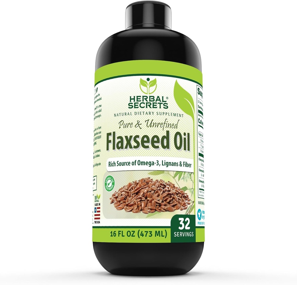 Herbal Secrets Organic Flaxseed Oil Supplement | 16 Fl. Oz. (473 ml) | Non-GMO| Made in USA