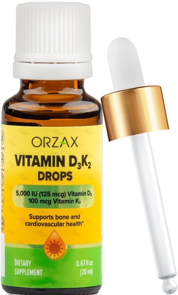 OrZAX Vitamina D3 K2 gotas - soporta Densidad ósea y Absopción de calcio - para el hueso, el músculo y el corazón - (0.67fl oz - 20 ml)
