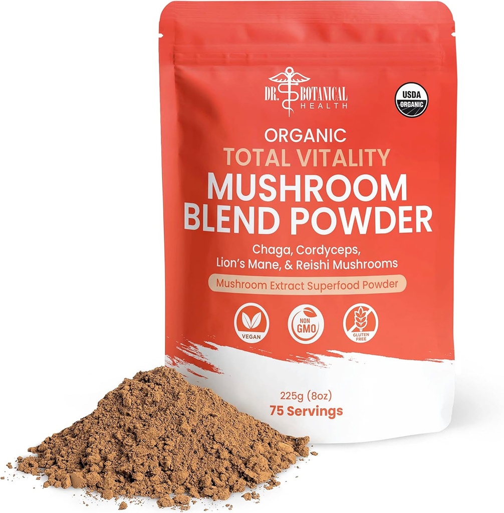 OrgÃ3n de seno de seno Polvo - 4-en-1 Reishi, Mane de leÃ±o, Cordyceps y Chaga Mushroom Suplemento Extract Complex, Mushroom Blend Powder para Immune Boost &amp; Brain Support, Add to Coffee, Tea or Water