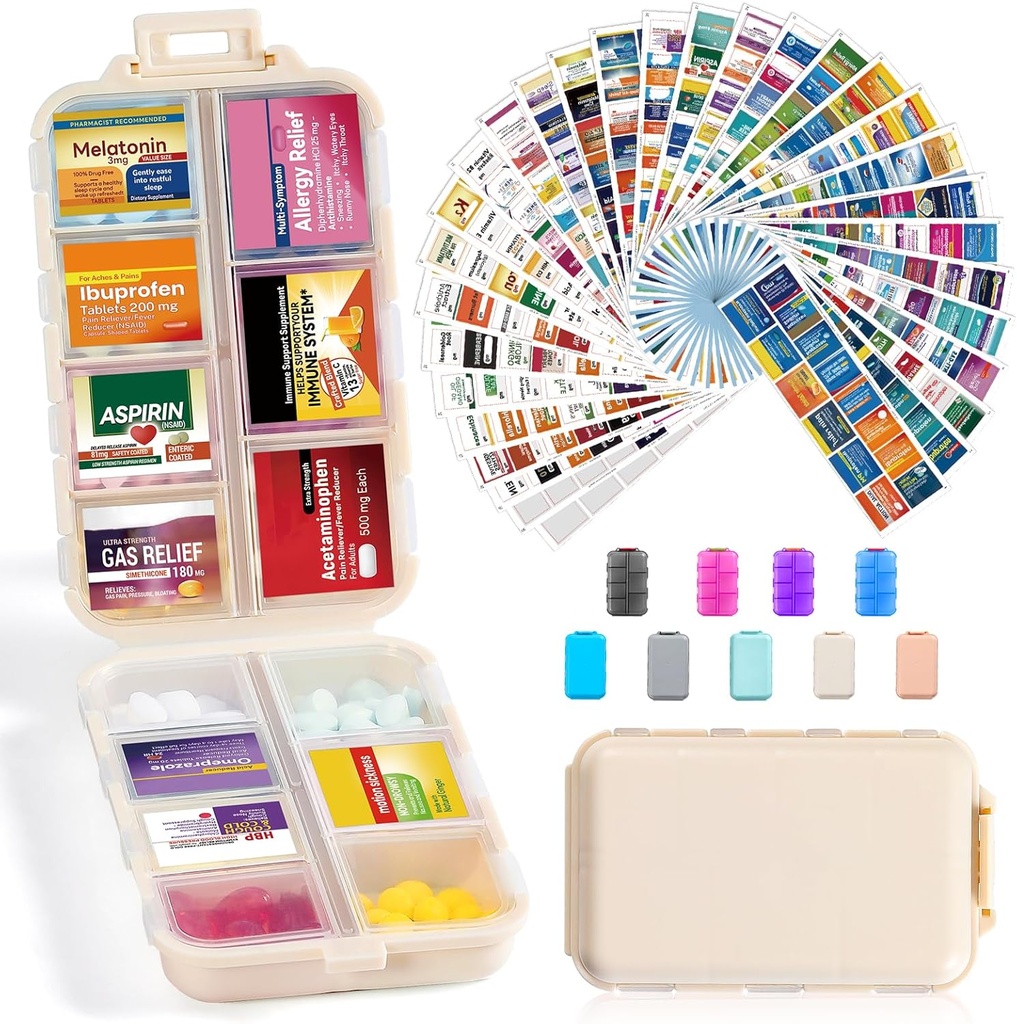 14 Grids Travel Pill Organizer Box with 415-Pcs Medicine Name Labels - Pocket Daily Pharmacy Case Container Kit - Travel Medication Holder Dispenser for Fish Oil Vitamin Storage Supplement - Khaki