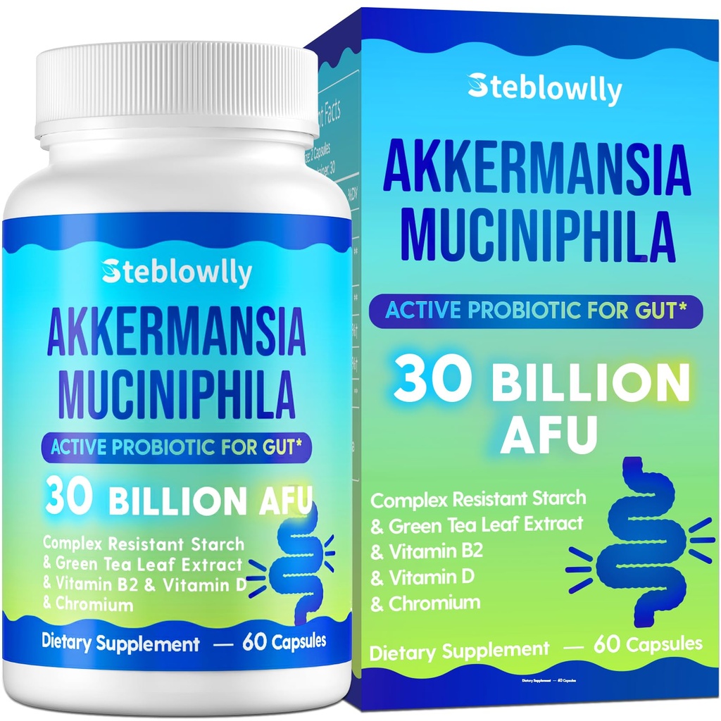 Akkermansia Probiotic, Live Strain Probiotics for Women & Men, Akkermansia Muciniphila for Gut Health, Digestive, Metabolic*, Immune, with Chromium, Green Tea Leaf, 60 Probiotic Capsule
