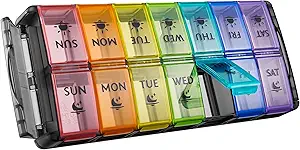 Organizador semanal de píldoras 2 veces al día Gran 7 Día Fácil Llenar 2020 Última Versión NuLeaf AM PM Pill Box Casos de gran impacto diario Caja de medicina - Rainbow Black (Patente registrado)