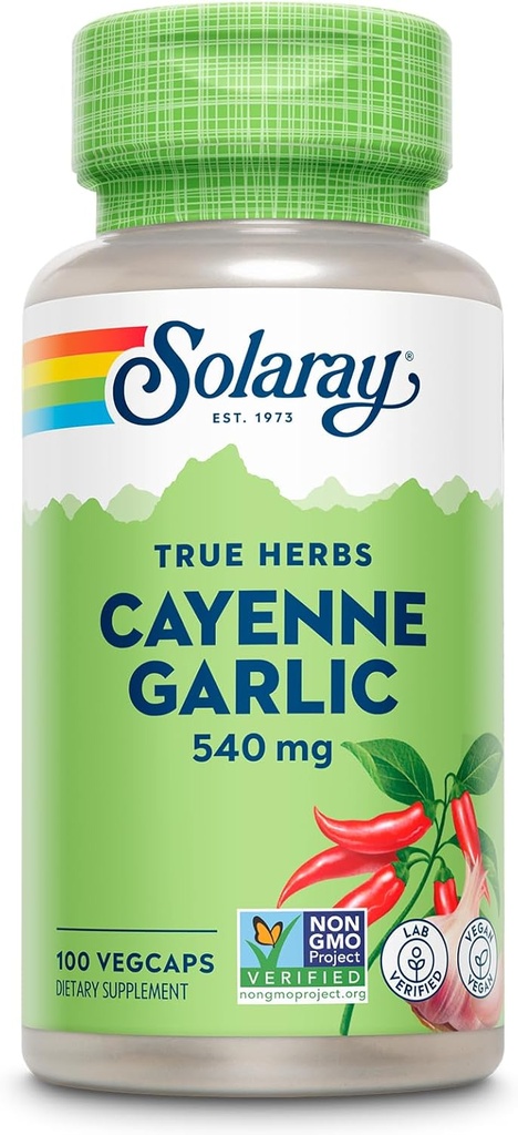 SOLARAY Cayenne Ajo 540 mg - Cayenne Pepper y suplementos de ajo con Capsaicina - Suministro de 40.000 Unidades de Calor - Proyecto no GMO Verificado, Vegan, Garantía de 60 días - 100 Servimientos, 100 VegCaps
