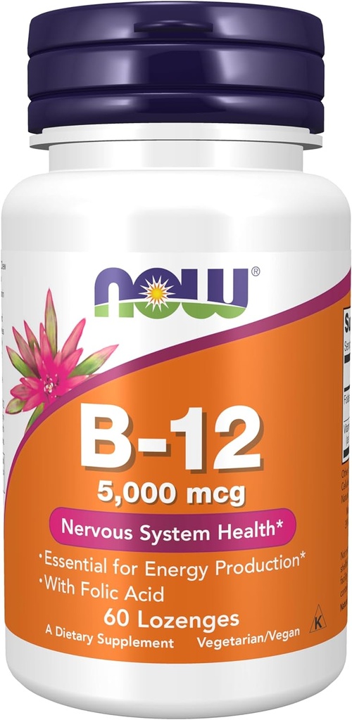 AHORA Suplementos de alimentos, vitamina B-12 5.000 mcg, con ácido fólico, salud del sistema nervioso*, 60 préstamos