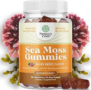 Natures Craft Sea Moss Gummies for Adults and Kids - Vegan Adult and Kids Immune Support Gummies with Burdock Bladderwrack Sea Moss Gel - Delicious Berry Flavor Suplemento Hombre Mujeres Niños 30ct