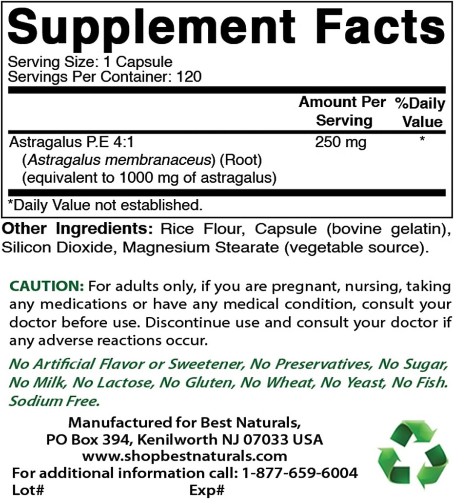 Mejores Naturales Astragalus 1000 mg &amp; Magnesio Glycinate 425 mg