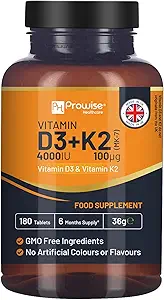 Vitamina D3 4000IU &amp; K2 MK7 100μg Tablas Vegetarianas I 180 (6 meses de suministro) Fácil de Tragar Suplemento para Immune Support, Calcium Boost, Bone &amp; Muscle I Made in The UK by Prowise Healthcare