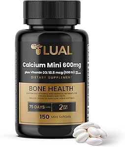 LUAL Calcio Minis 600 mg con vitamina D3 - Bono &amp; Muscle Support - 150 Mini Softgels - Fácil de Tragar - Calcio &amp; D3 para huesos fuertes y movilidad