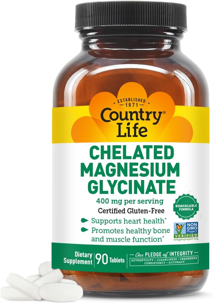 Country Life Magnesium Glycinate 400mg, 90 Tablets, Certified Gluten Free, Certified Vegan, Certified Halal, Non-GMO Verified