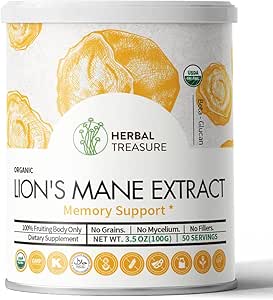 Leones orgánicos Mane, no GMO y leones libres de gluten Mane, Crecimiento Neuronal y Sistema Inmunitario, Polvo de hongos para soporte de memoria, concentración, claridad, creatividad y servicio Mood-50