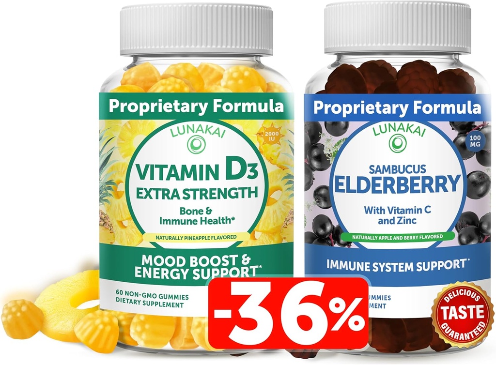 Lunakai Vitamina D3 y Elderberry Gummies Bundle - Immunity, Bone y Mood Support Suplemento para Adultos &amp; Niños - Non-GMO, No Corn Syrup, All Natural Gummy