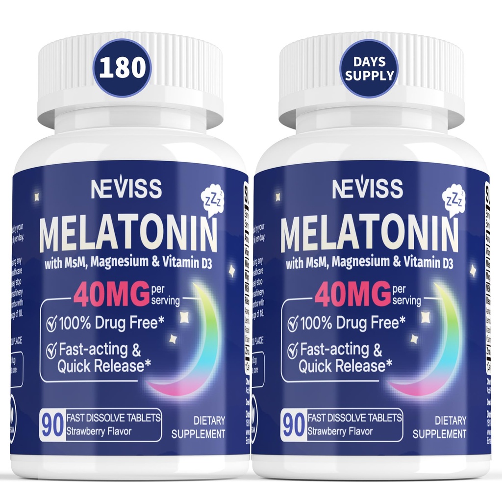 Melatonin 40 mg for Adults - Fast Dissolve & Chewable Sublingual Sleep Supplement - Extra Strength Melatonin with Vitamin D3 & MSM, Selenium for Health Rest Cycle, Deep Zzzs, Sugar-Free, 180 Servings