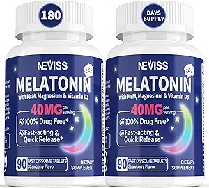 Melatonina 40 mg para adultos - Dissolve rápido " Suplemento de sueño sublingual Chewable - Melatonina de fuerza extra con vitamina D3 " MSM, ciclo de descanso para la salud, Zzzs profundos, libre de azúcar, 180 servicios