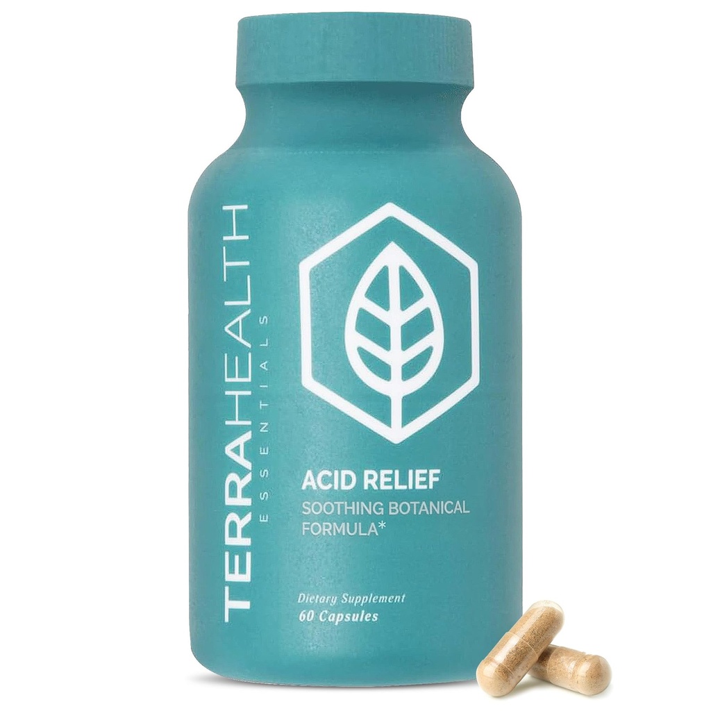 Terra Health Essentials Acid Relief - Plant Based Digestive Support Supplement for Comfortable Gut Function - Lemon Balm, Slippery Elm, Aloe Vera, DGL Licorice - 60 Capsules