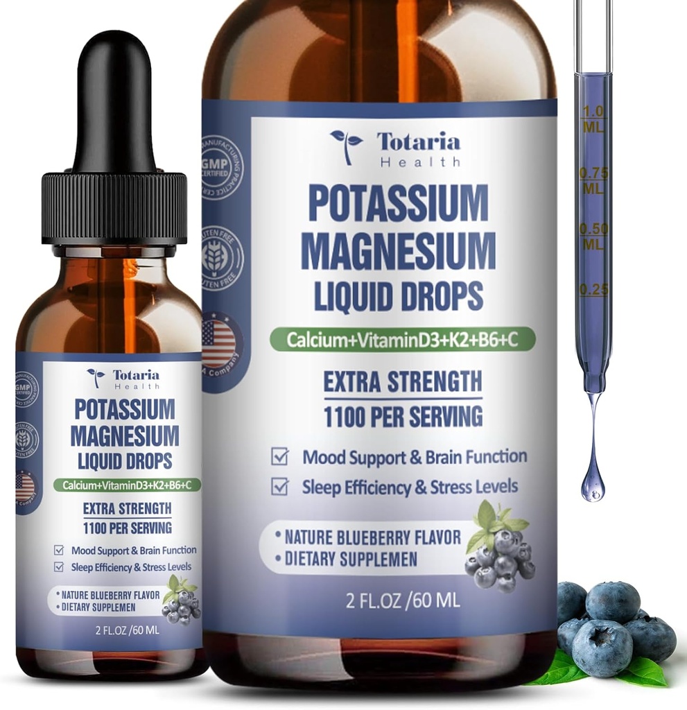 (2 Packs) Potasio Magnesio Suplemento gotas líquidas - 200mg Potasio & 600mg Complejo triple Magnesio Glycinate Liquid Citrate Oil Alta Absorción Potasio Soporte Bono, Muscle, Leg Cramps